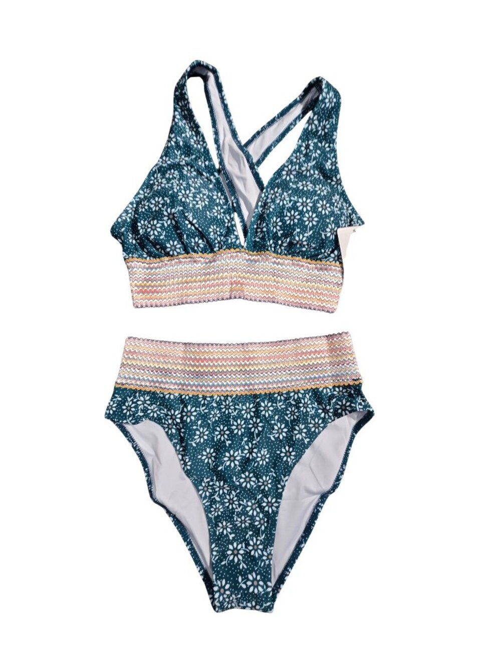 NWT | VIMPUNEC Teal Floral High Waisted Bikini Set Smocked Zig Zag Trim | Small